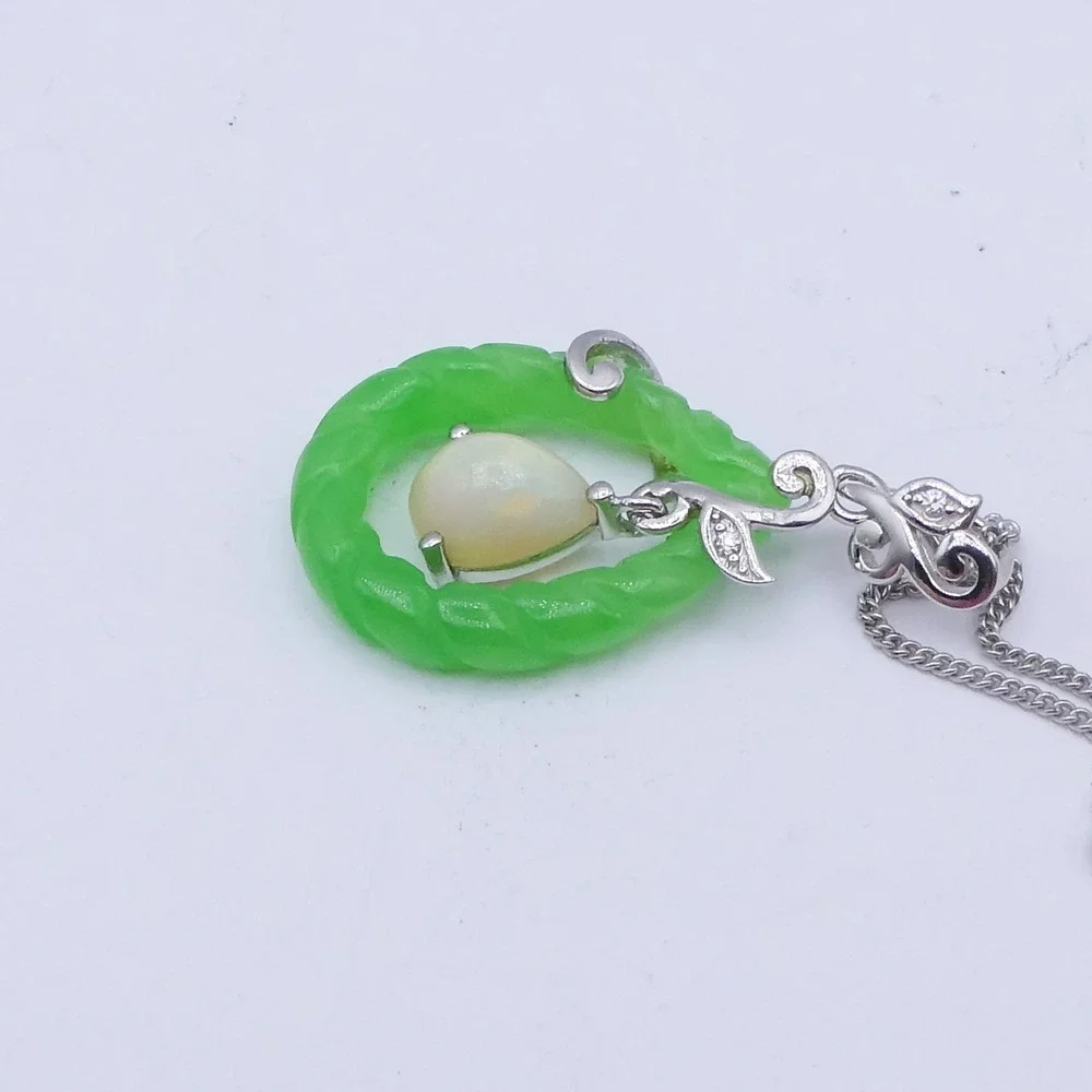 Djoy Sterling Silver Opal Carved Jade Platinum Plated Leaf Pendant Necklace 20in